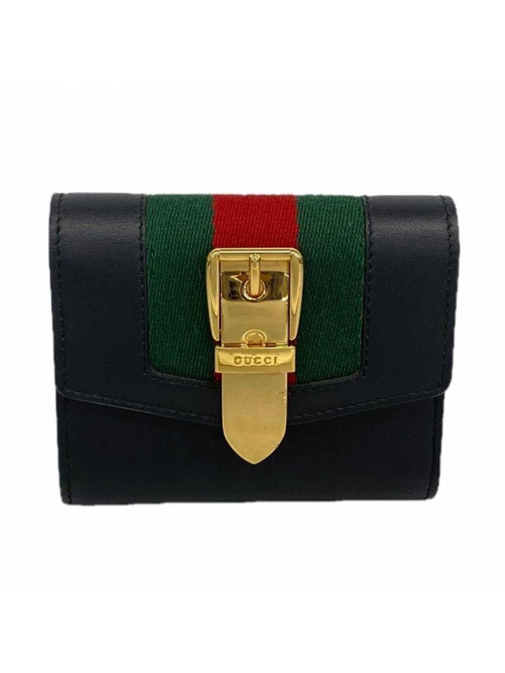 Gucci Trifold Wallet Sherry Line Leather Black Gold